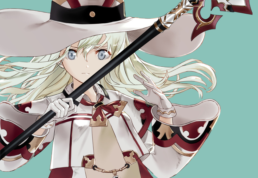1girl alternate_costume alternate_headwear blonde_hair blue_eyes commentary cropped_jacket final_fantasy gloves hair_between_eyes hat holding holding_staff kantai_collection long_hair long_sleeves looking_at_viewer ruisento simple_background solo staff u-511_(kantai_collection) white_gloves white_mage white_mage_(cosplay) witch_hat