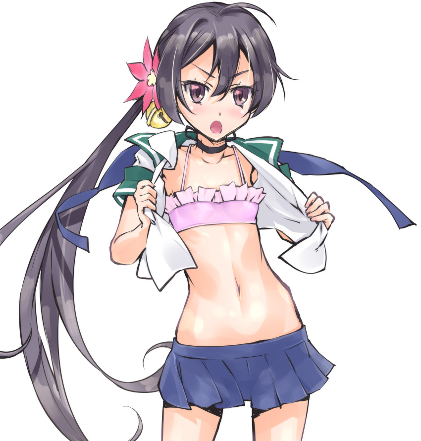 1girl absurdres akebono_(kantai_collection) bell black_hair blue_skirt blush bra breasts flat_chest flower hair_bell hair_flower hair_ornament highres jingle_bell kantai_collection long_hair long_ponytail looking_at_viewer microskirt midriff navel neck_ribbon open_clothes open_mouth open_shirt pleated_skirt ponytail ribbon school_uniform shirt side_ponytail simple_background skirt standing suzuki24 underwear upper_body very_long_hair violet_eyes white_background