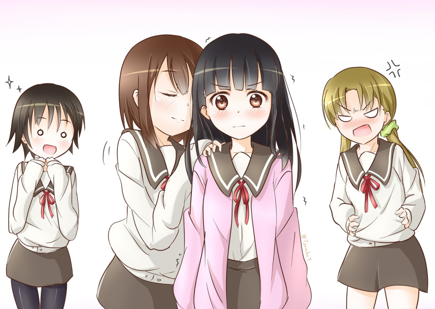 4girls alternate_hairstyle anger_vein black_hair blush brown_hair closed_eyes gradient gradient_background hanawa_kaoru hime_cut light_brown_hair long_hair low_twintails multiple_girls nervous o_o okazaki_norie open_mouth pantyhose sakurada_maon sawatari_fuu school_uniform scrunchie serafuku short_hair simple_background smelling smile tamayura trembling twintails yuraku_(mhmu3425) yuri