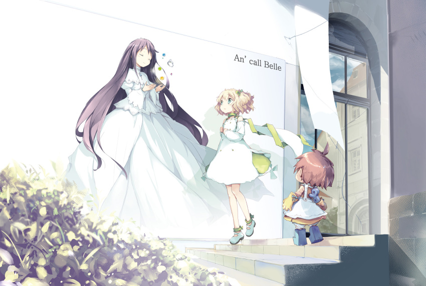 ahoge angelina_rocca belle_(katahane) black_hair blonde_hair blue_eyes blue_shoes blush brown_dress brown_hair building clenched_hands closed_eyes closed_mouth coco_(katahane) detached_sleeves dress flower fue_(tsuzuku) gloves head_tilt highres jewelry katahane long_sleeves looking_at_another mary_janes nature official_art outdoors plant ribbon-trimmed_dress ring shoes short_hair sky smile stairs standing two_side_up white_background white_dress winding_key window yellow_gloves
