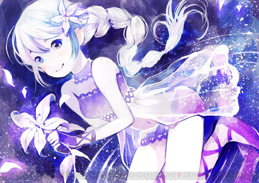 1girl braid closed_mouth detached_collar flower hair_flower hair_ornament hatsune_miku holding holding_flower long_hair navel project_diva_(series) project_diva_x purple_shoes ripples see-through shoes single_braid sitting smile solo strapless tagme tsumi_no_namae_(vocaloid) vocaloid white_hair yuu_(plasm)