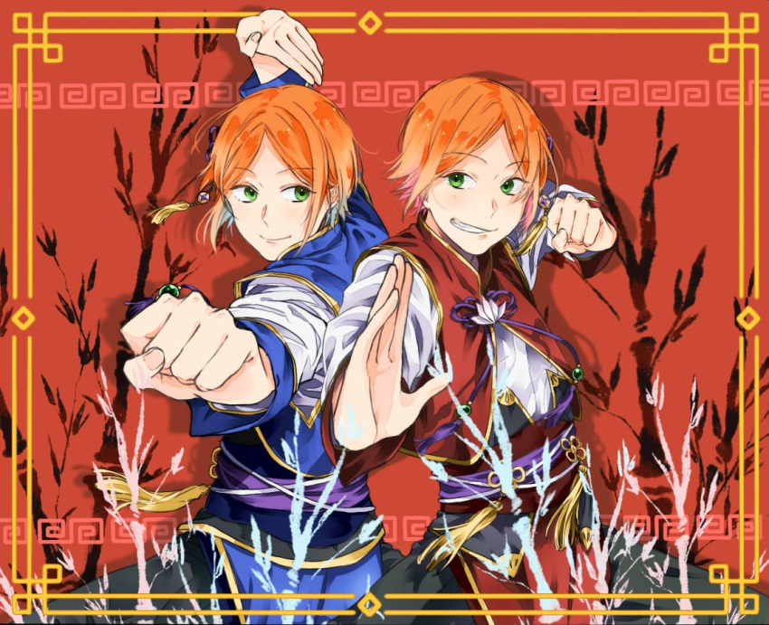 2boys aoi_hinata aoi_yuuta bamboo bamboo_shoot blush brothers chinese_clothes clenched_hand ensemble_stars! fighting_stance green_eyes grin looking_at_another male_focus multiple_boys pose red_background siblings smile twins