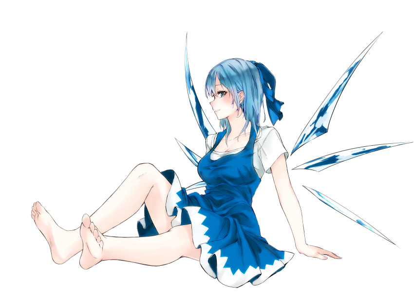 1girl absurdres arm_support barefoot blue_bow blue_dress blue_hair blush bow breasts cirno cleavage collarbone dress feet from_side full_body green_eyes hair_bow highres ice ice_wings looking_at_viewer medium_breasts nagata_nagato older profile short_sleeves smile soles solo toes touhou white_background wings