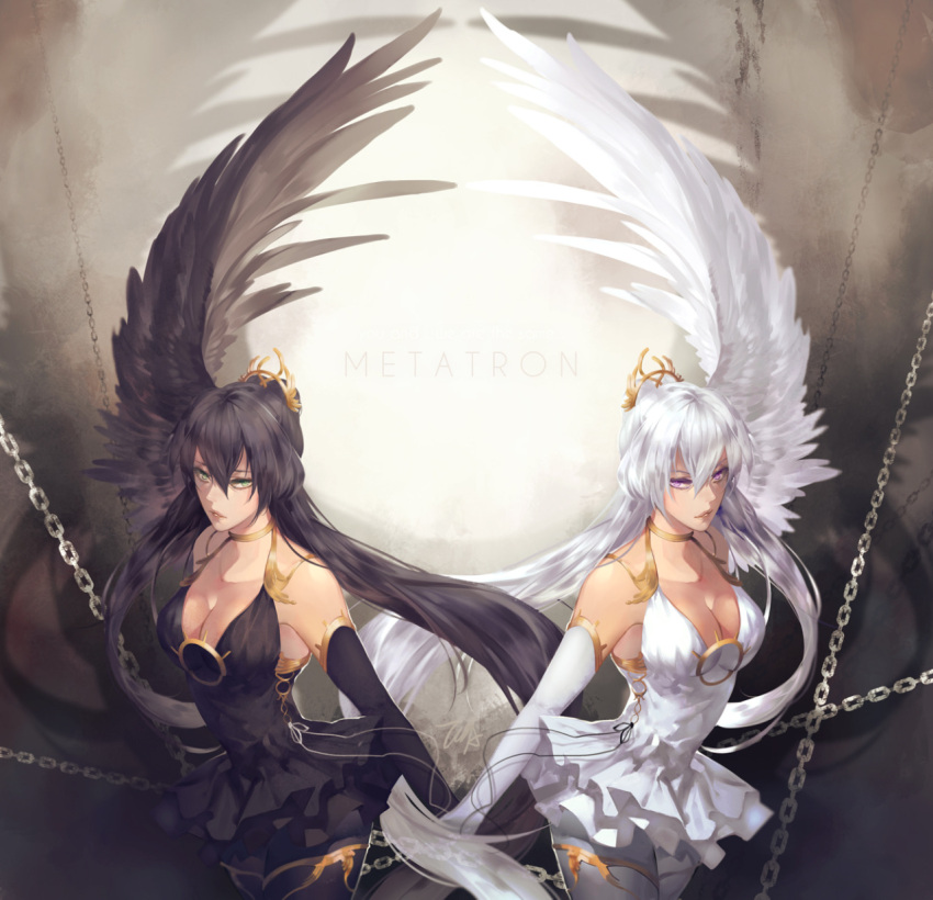 1girl black_dress black_hair black_wings breasts chains character_name cleavage collarbone dress dual_persona elbow_gloves gloves green_eyes hair_ornament highres jewelry long_hair metatron_(soccer_spirits) neck_ring signature soccer_spirits standing tooaya violet_eyes white_dress white_hair white_wings wings