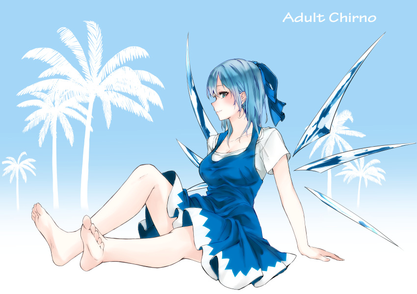 1girl absurdres arm_support barefoot blue_bow blue_dress blue_hair blush bow breasts character_name cirno cleavage collarbone dress feet from_side full_body green_eyes hair_bow highres ice ice_wings looking_at_viewer medium_breasts nagata_nagato older profile short_sleeves smile soles solo toes touhou wings
