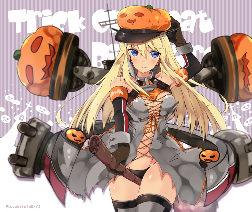 1girl adapted_costume anchor arm_up bangs bare_shoulders between_breasts between_legs bismarck_(kantai_collection) black_panties blonde_hair blue_eyes blush breasts broom broom_riding brown_gloves character_name cleavage closed_mouth collarbone commentary_request cowboy_shot detached_sleeves eyebrows eyebrows_visible_through_hair gloves hair_between_eyes halloween hand_on_headwear hat holding jack-o'-lantern kantai_collection large_breasts long_hair looking_at_viewer military military_uniform navel orange_ribbon panties peaked_cap ribbon rigging sidelocks sleeve_cuffs smile solo stomach striped striped_background suzuki_toto thigh-highs twitter_username underwear uniform