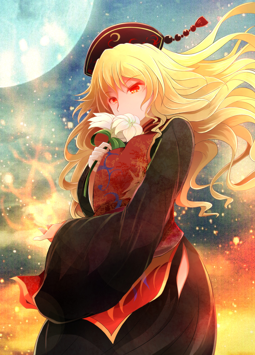 1girl animal_print arano_oki black_background black_coat blonde_hair chinese_clothes colored_eyelashes covered_mouth cowboy_shot energy fire flower flower_request fox full_moon highres holding holding_flower junko_(touhou) lily_(flower) long_hair looking_down moon multicolored_background orange_background red_eyes solo tabard touhou wide_sleeves