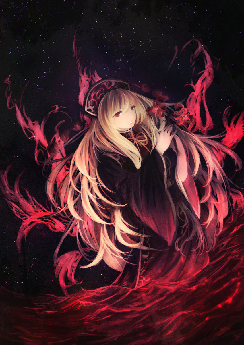 1girl black_dress blonde_hair breasts china_dress chinese_clothes dress flower highres junko_(touhou) long_hair long_skirt long_sleeves looking_at_viewer multiple_tails night night_sky polos_crown red_eyes red_flower skirt sky smile solo spider_lily tail touhou very_long_hair wide_sleeves yurinotubomi
