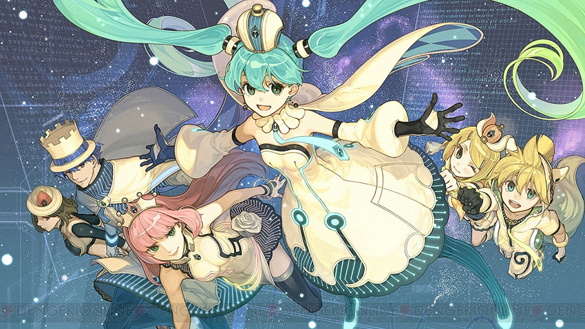 2boys 4girls animal_ears black_gloves black_legwear blue_eyes blue_hair blue_necktie blue_pants blue_shoes brown_eyes brown_hair cape clenched_hand closed_mouth coat crop_top detached_collar detached_sleeves dress earrings gloves green_eyes hair_ornament hairclip hat hatsune_miku hidari_(left_side) jewelry kagamine_len kagamine_rin kaito long_sleeves looking_at_viewer megurine_luka meiko multicolored_hair multiple_boys multiple_girls necktie one_eye_closed open_mouth outstretched_arms pants pink_hair project_diva_(series) project_diva_x shoes strapless strapless_dress striped striped_legwear tail thigh-highs tiara top_hat two-tone_hair vertical-striped_legwear vertical_stripes vocaloid
