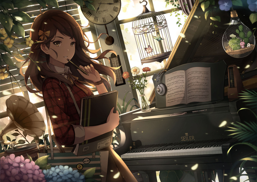 1girl akg bag bangs birdcage black_skirt blinds bow brown_eyes brown_hair butterfly cactus cage clock collared_shirt dutch_angle flower grand_piano hair_bow hair_ornament headphones highres holding holding_pencil hydrangea instrument megaphone metronome neck_ribbon ng_(chaoschyan) original paintbrush parted_lips pencil piano plaid plaid_shirt plant pleated_skirt red_shirt ribbon roman_numerals ruler sheet_music shirt sketchbook skirt solo sparkle swept_bangs thermometer vase vines white_shirt wind window wing_collar x_hair_ornament yellow_bow yellow_ribbon
