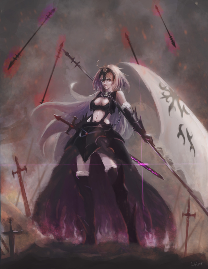 1girl absurdres ahoge armor battlefield black_boots black_gloves black_legwear blonde_hair boots breasts chains cleavage cleavage_cutout fate/apocrypha fate/grand_order fate_(series) faulds flag full_body gauntlets glint gloves glowing glowing_weapon hank_hua headpiece highres jeanne_alter long_hair looking_at_viewer navel orange_eyes planted_sword planted_weapon polearm ruler_(fate/apocrypha) ruler_(fate/grand_order) signature solo standing sword thigh-highs thigh_boots weapon