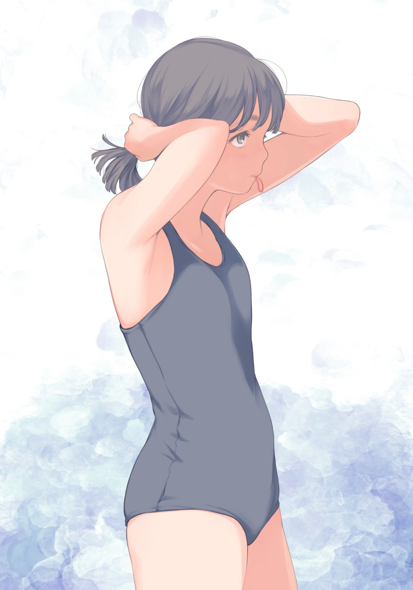 1girl absurdres adjusting_hair black_eyes black_hair blush bunching_hair closed_mouth cowboy_shot from_side hair_tie highres kamo_(gafas) mouth_hold new_school_swimsuit one-piece_swimsuit original ponytail profile school_swimsuit solo swimsuit tying_hair