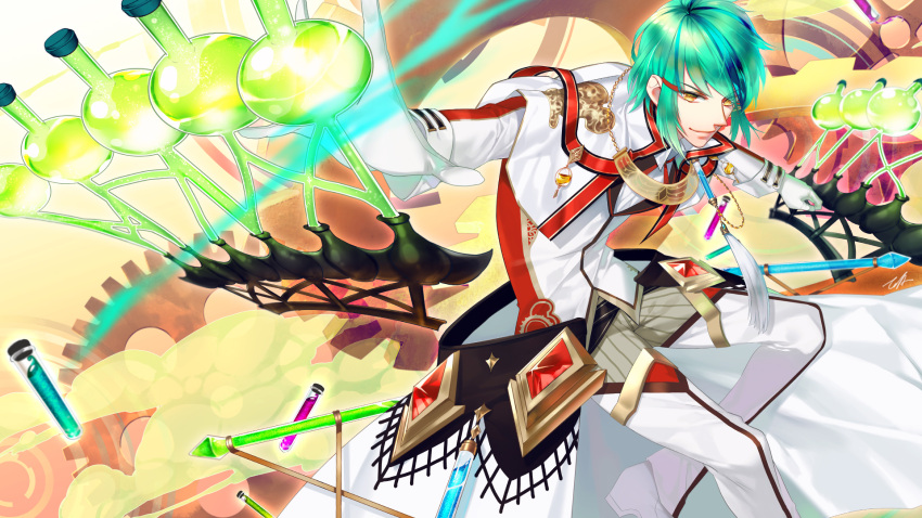 1boy aqua_hair brown_eyes chemicals foreshortening gears gloves highres looking_at_viewer lucian_(soccer_spirits) male_focus polearm signature soccer_spirits solo test_tube tooaya vial weapon white_gloves