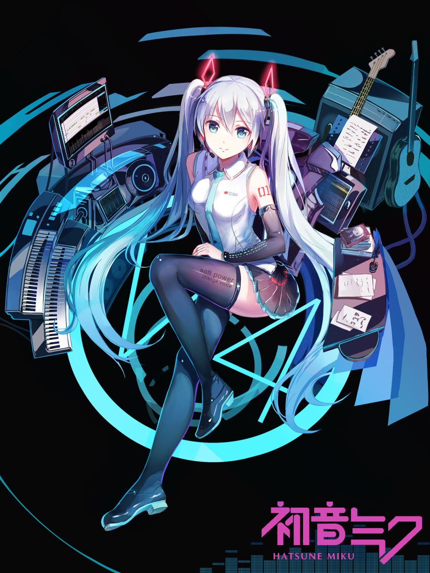 1girl acoustic_guitar amplifier aqua_eyes aqua_hair bass_guitar black_background boots character_name detached_sleeves full_body guitar hatsune_miku highres instrument light_smile long_hair looking_at_viewer necktie red_flowers skirt solo thigh-highs thigh_boots twintails very_long_hair vocaloid