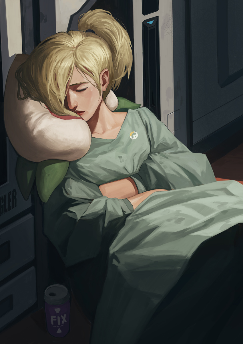 1girl absurdres blonde_hair can closed_eyes closed_mouth collarbone commentary crossed_arms emblem hair_ornament hair_over_one_eye hair_tie head_tilt highres leaning_back lips lipstick makeup mercy_(overwatch) overwatch pillow ponytail red_lips red_lipstick shirt sitting sleeping solo tony_sun