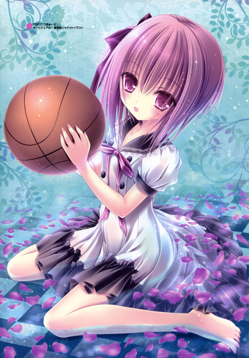 1girl absurdres barefoot basketball blush checkered checkered_floor collarbone dress feet hair_ribbon highres holding minato_tomoka one_side_up open_mouth partially_submerged petals purple_hair purple_ribbon ribbon rou-kyuu-bu! scan short_hair sitting solo tinker_bell wariza water