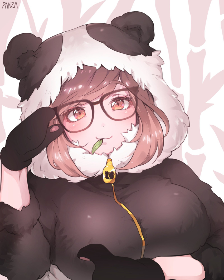 1girl adjusting_glasses animal_costume artist_name bangs black-framed_eyewear brown_eyes brown_hair eyebrows eyebrows_visible_through_hair fur_trim glasses gloves hand_up highres leaf looking_at_viewer mei_(overwatch) mouth_hold overwatch panda_costume panda_hood panza short_hair sidelocks solo swept_bangs upper_body zipper