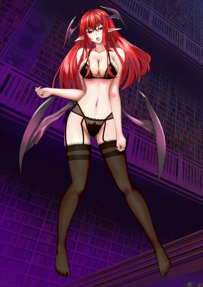 1girl :d absurdres bare_shoulders black_bra black_legwear bookshelf bra breasts cleavage collarbone demon_girl demon_wings full_body garter_belt head_wings highres koakuma lace lace-trimmed_bra lace-trimmed_thighhighs library long_hair looking_at_viewer medium_breasts navel open_mouth pointy_ears red_eyes redhead smile solo thigh-highs tk31 touhou underwear voile wings