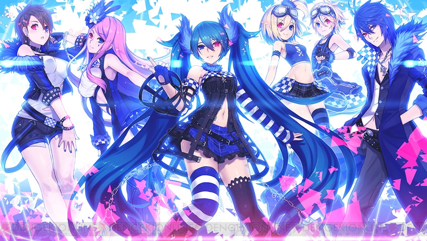 2boys 4girls 4hands asymmetrical_clothes black_gloves black_shorts blue_hair blue_nails brown_hair buttons chain_necklace checkered coat collar crop_top cuffs fingerless_gloves frilled_skirt frills fur_trim gloves goggles goggles_on_head hand_in_pocket handcuffs hatsune_miku heterochromia kagamine_len kagamine_rin kaito megurine_luka meiko multicolored_hair multiple_belts multiple_boys multiple_girls nail_polish navel open_clothes open_coat pants pink_hair plaid plaid_skirt pointing project_diva_(series) project_diva_x shirt shorts skirt sleeveless sleeveless_shirt standing striped striped_legwear tank_top thigh-highs torn_clothes two-tone_hair vest vocaloid zettai_ryouiki