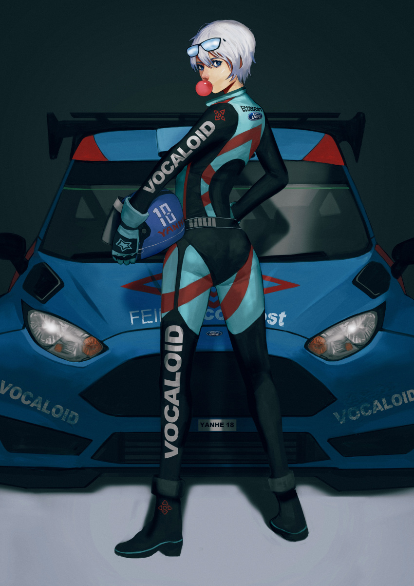 1girl absurdres ass blue_eyes bubble_blowing bubblegum car clothes_writing ford ford_fiesta_rs gloves ground_vehicle helmet highres looking_at_viewer looking_back makeup mascara motor_vehicle pilot_suit short_hair silver_hair solo tony_sun vocaloid vocanese yanhe