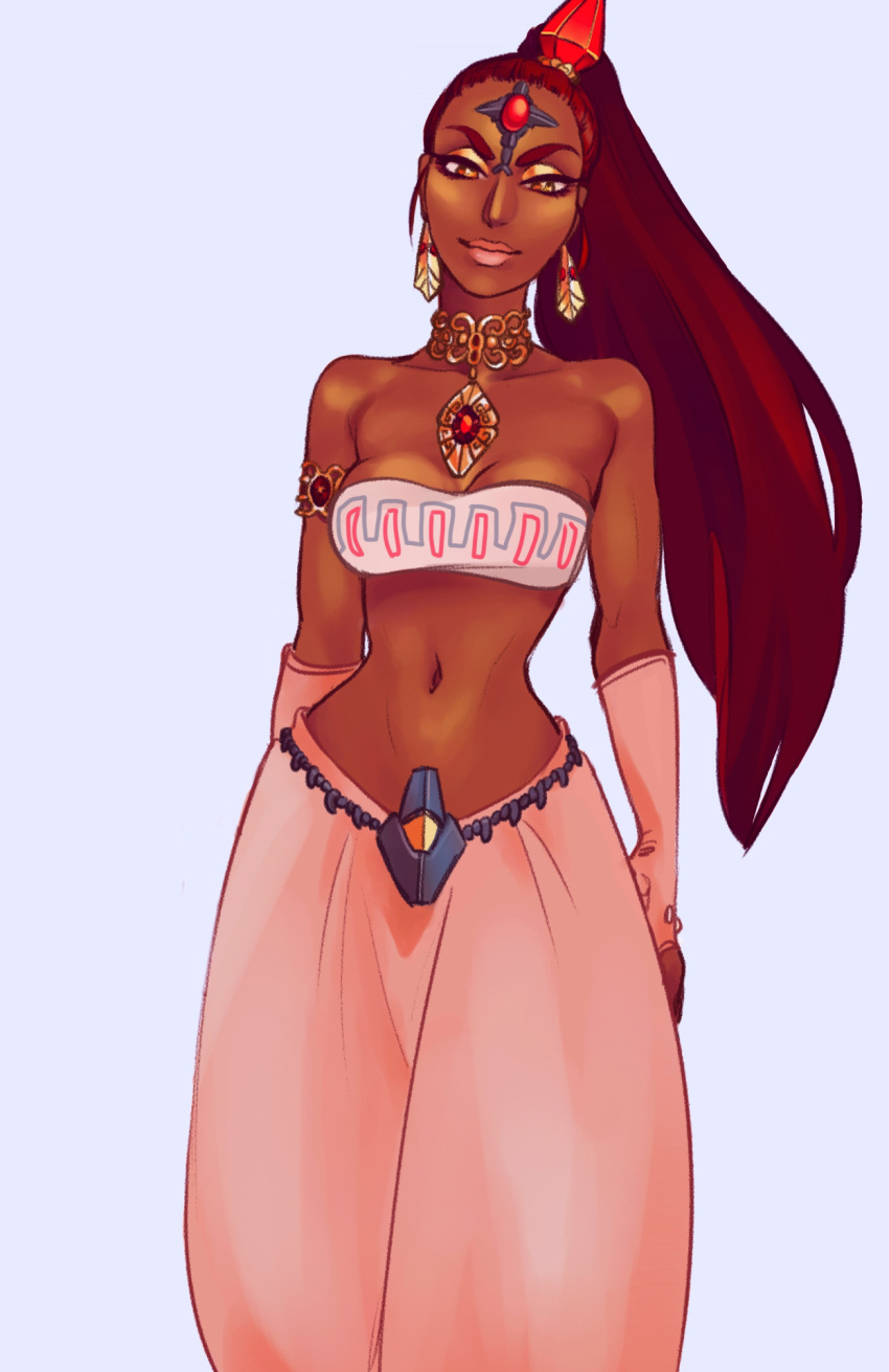 1girl armlet breasts cleavage dark_skin earrings eyebrows fingerless_gloves gloves high_ponytail highres jewelry midriff nabooru navel ponytail redhead solo the_legend_of_zelda the_legend_of_zelda:_ocarina_of_time thick_eyebrows yellow_eyes