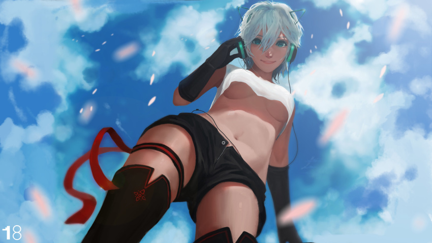 1girl artist_name bangs black_gloves black_legwear black_shorts blue_sky breasts breasts_apart cable clouds cloudy_sky crop_top crop_top_overhang elbow_gloves from_below gloves green_eyes hair_between_eyes hand_on_headphones headphones highres large_breasts looking_at_viewer midriff navel original parted_lips petals ribbon shirt short_hair shorts sky sleeveless sleeveless_shirt smile solo standing thigh-highs thigh_ribbon thigh_strap tony_sun unbuttoned under_boob vocaloid vocanese white_hair yanhe zipper