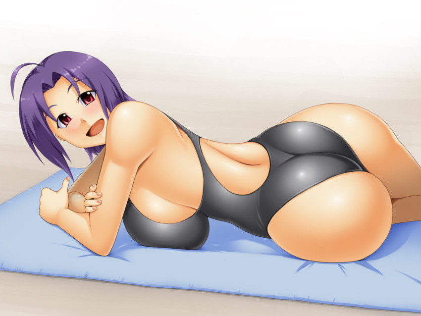 1girl ahoge ass bare_shoulders beach breasts competition_swimsuit derivative_work huge_breasts idolmaster kawanuma_uotsuri looking_at_viewer lying miura_azusa nail_polish on_side one-piece_swimsuit purple_hair red_eyes sideboob smile solo swimsuit thighs