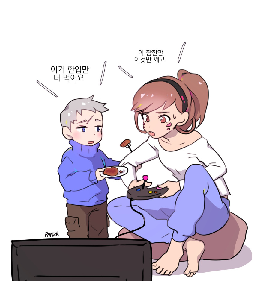 1boy 1girl alternate_hairstyle artist_name bangs barefoot blue_eyes blue_sweater brown_eyes brown_hair brown_pants controller d.va_(overwatch) eyebrows eyebrows_visible_through_hair facepaint facial_mark food fork game_controller gamepad grey_hair hairband highres korean off-shoulder_shirt off_shoulder open_mouth overwatch pants panza plate playing_games pocket ponytail ribbed_sweater role_reversal scar shirt short_hair simple_background sitting soldier:_76_(overwatch) sweatdrop sweater swept_bangs television translated whisker_markings white_background white_shirt younger