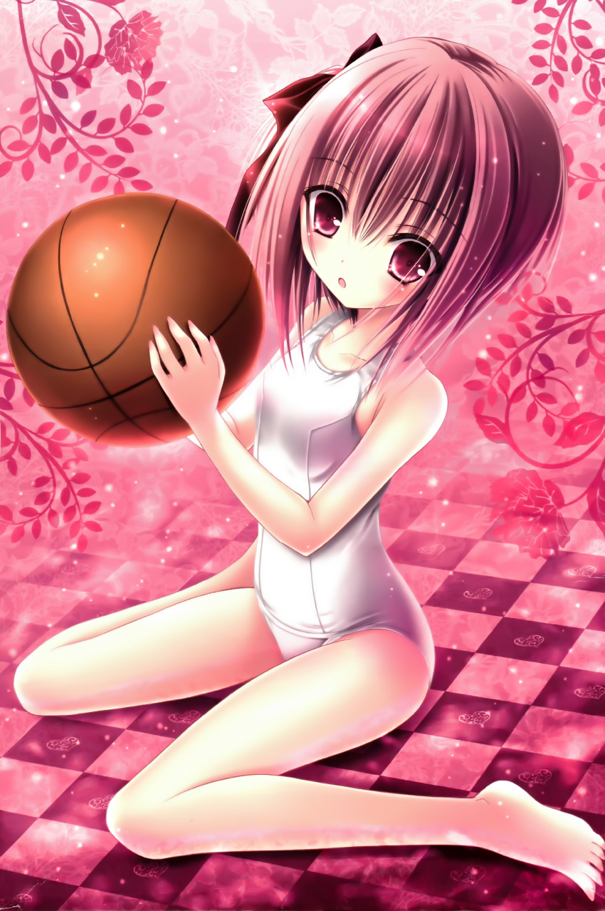 1girl :o absurdres barefoot basketball brown_hair checkered checkered_floor collarbone feet hair_ribbon highres holding kneeling minato_tomoka one_side_up pink_background red_eyes red_ribbon ribbon rou-kyuu-bu! scan school_swimsuit short_hair sitting solo swimsuit tinker_bell wariza white_school_swimsuit white_swimsuit