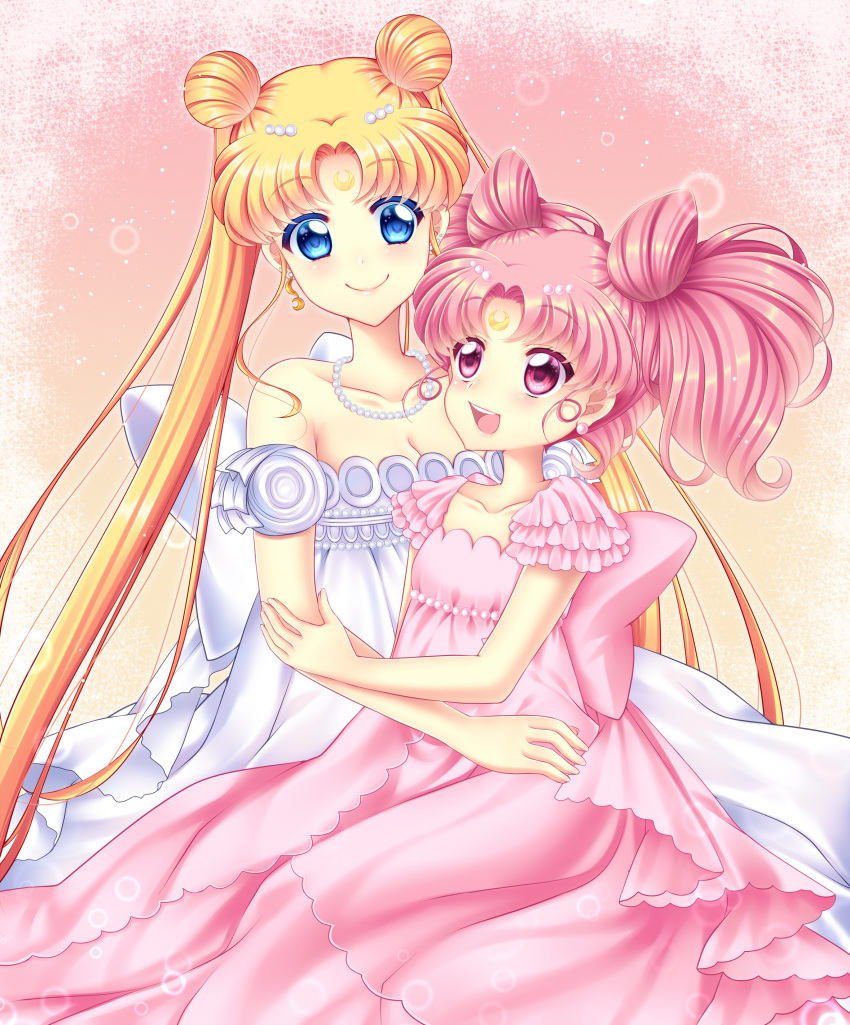 2girls absurdres bare_shoulders bishoujo_senshi_sailor_moon blonde_hair blue_eyes bow breasts chibi_usa cleavage collarbone crescent double_bun dress facial_mark forehead_mark frills highres jewelry long_hair looking_at_each_other multiple_girls necklace pearl_necklace pink_background pink_bow pink_dress pink_eyes pink_hair princess_serenity shirato_sayuri short_hair small_lady_serenity smile strapless strapless_dress tsukino_usagi twintails white_bow white_dress