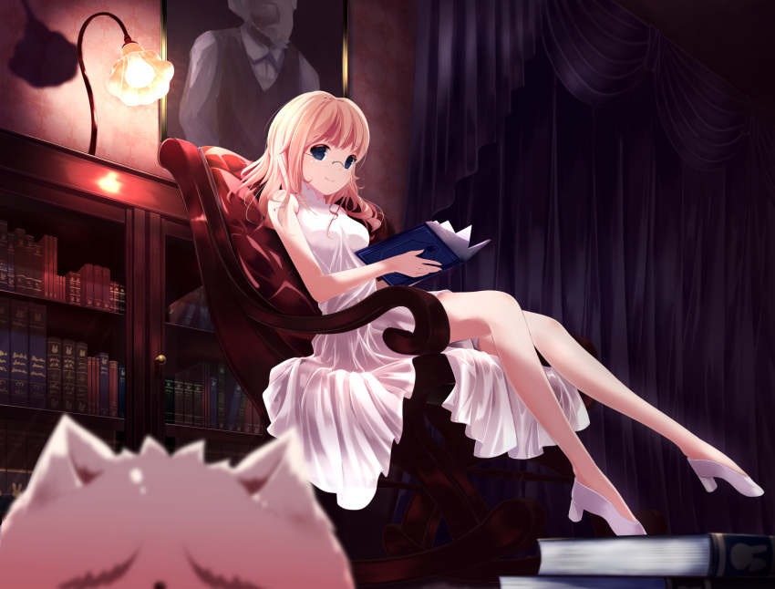 aoyama_blue_mountain blonde_hair blue_eyes blurry book book_stack breasts cabinet chair closed_mouth curtains depth_of_field dress full_body glasses gochuumon_wa_usagi_desu_ka? high_heels highres holding holding_book indoors kokkeina_budou lamp open_book portrait_(object) rimless_glasses rocking_chair shoes silhouette sitting sleeveless sleeveless_dress smile tippy_(gochuumon_wa_usagi_desuka?) white_dress white_shoes
