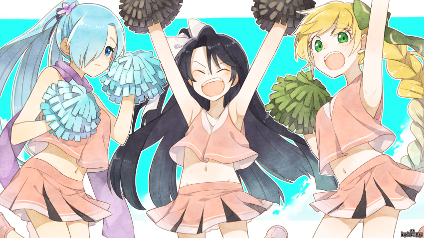3girls :d ^_^ armpits arms_up artist_request bangs blonde_hair blue_eyes blue_hair blush bow braid breasts character_request cheerleader closed_eyes closed_mouth collarbone copyright_name crop_top english flower green_eyes groin hair_between_eyes hair_bow hair_flower hair_ornament hair_over_one_eye highres leg_up long_hair midriff multiple_girls navel one_side_up open_mouth pink_shirt pink_skirt pleated_skirt pom_poms ponytail psychic_hearts shirt skirt sleeveless sleeveless_shirt smile swept_bangs very_long_hair wallpaper wavy_mouth white_bow