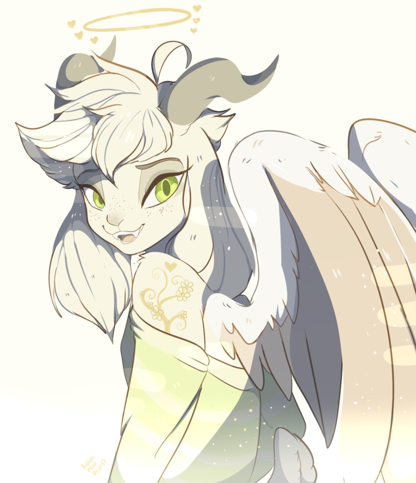 asriel_dreemurr fangs freckles furry green_eyes halo horns looking_at_viewer smile striped_shirt tattoo undertale wings