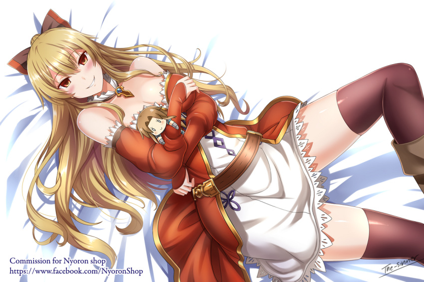 1girl bare_shoulders black_bow black_legwear blonde_hair blush boots bow breasts brown_boots catalina_(granblue_fantasy) character_doll cleavage doll_hug dress empty_eyes granblue_fantasy hair_between_eyes hair_bow long_hair looking_at_viewer lying medium_breasts off-shoulder_dress off_shoulder on_back parted_lips red_dress red_eyes smile solo the-sinner the-sinnerz thigh-highs vira