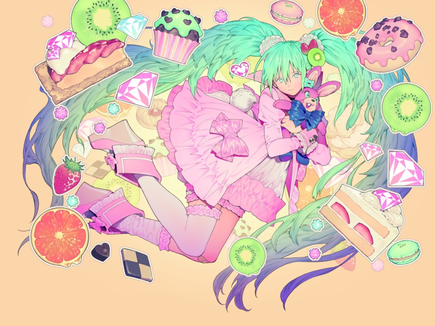 1girl aqua_hair bandaid bandaid_on_knee bent_knees bloomers blue_bow blue_eyes bow bunny_tail candy closed_mouth cookie cupcake doughnut dress food frilled_cuffs frilled_dress frills fruit gem hatsune_miku holding honya_lala juliet_sleeves kiwifruit konpeitou long_hair long_sleeves loose_socks lots_of_laugh_(vocaloid) macaron orange_(fruit) pink_bow platform_footwear project_diva_(series) project_diva_x puffy_sleeves sailor_collar short_dress single_sock single_thighhigh socks solo strawberry strawberry_shortcake stuffed_animal stuffed_bunny stuffed_toy tail thigh-highs twintails underwear vocaloid