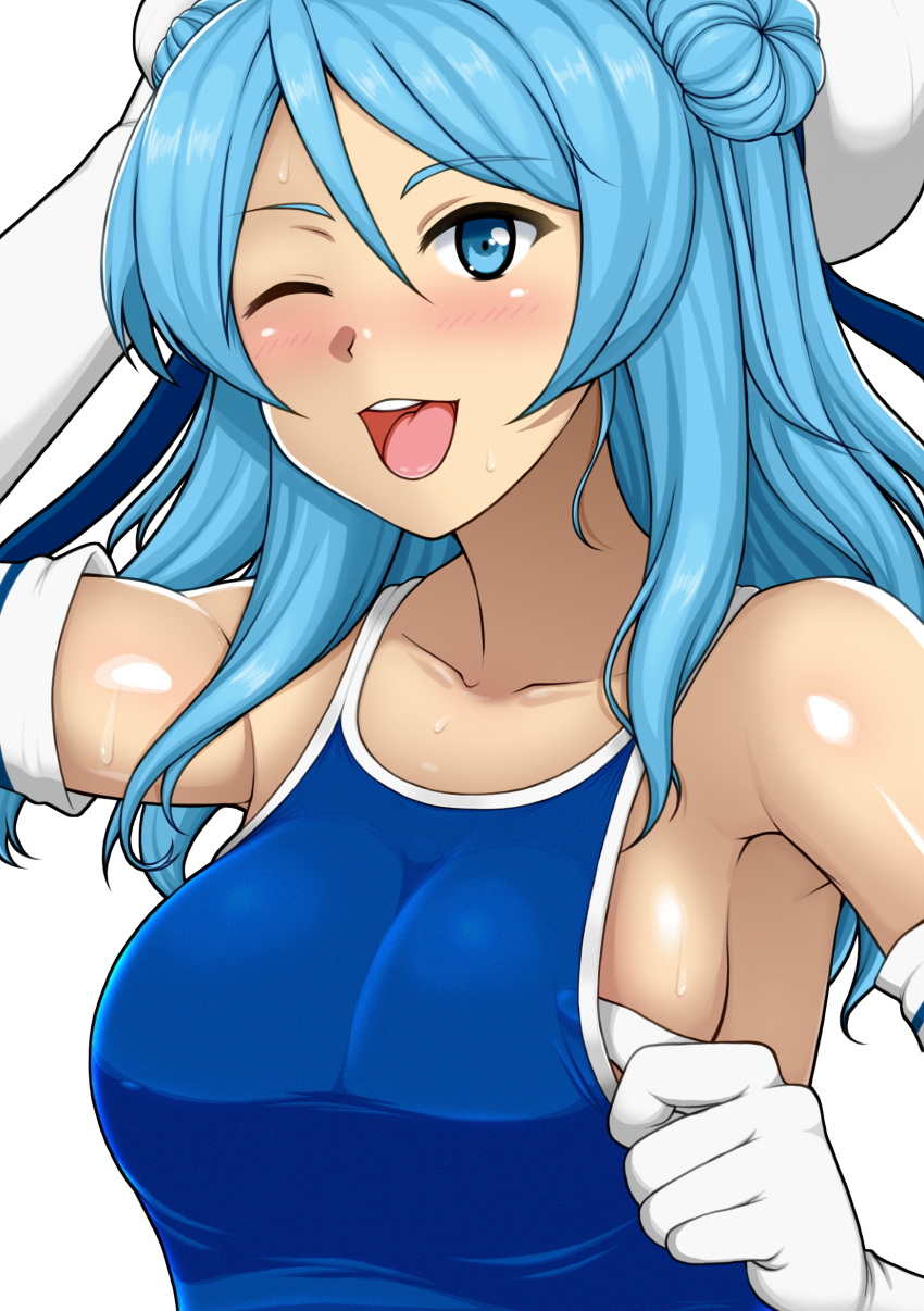 1girl absurdres armpits beret blue_eyes blue_hair blush breasts collarbone competition_school_swimsuit double_bun elbow_gloves gloves hat highres janjan_umatarou kantai_collection large_breasts one-piece_swimsuit one_eye_closed open_mouth sailor_hat school_swimsuit solo sweat swimsuit urakaze_(kantai_collection) white_gloves