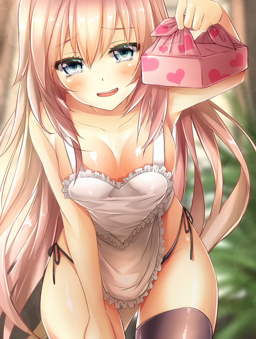 1girl :d apron aqua_eyes bare_arms bare_shoulders bikini black_legwear black_panties blurry blush bokeh breasts cleavage cowboy_shot depth_of_field dies_irae eyebrows eyebrows_visible_through_hair eyelashes frilled_apron frills hair_between_eyes heart_apron heart_print highres holding leaning_forward long_hair looking_at_viewer mia_(gute-nacht-07) nearly_naked_apron obentou open_mouth panties pink_hair rusalka_schwagerin shiny shiny_clothes shiny_skin side-tie_bikini smile solo standing swimsuit thigh-highs underwear very_long_hair white_apron