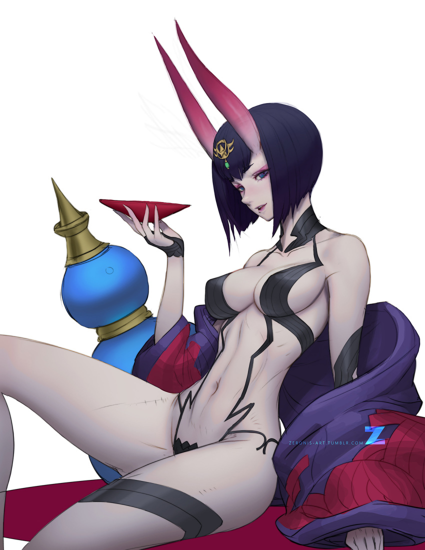 1girl breasts cleavage fate/grand_order fate_(series) horns impossible_clothes japanese_clothes kimono looking_at_viewer navel open_clothes open_kimono paul_kwon purple_hair revealing_clothes sakazuki short_hair shuten_douji_(fate/grand_order) smile solo stomach