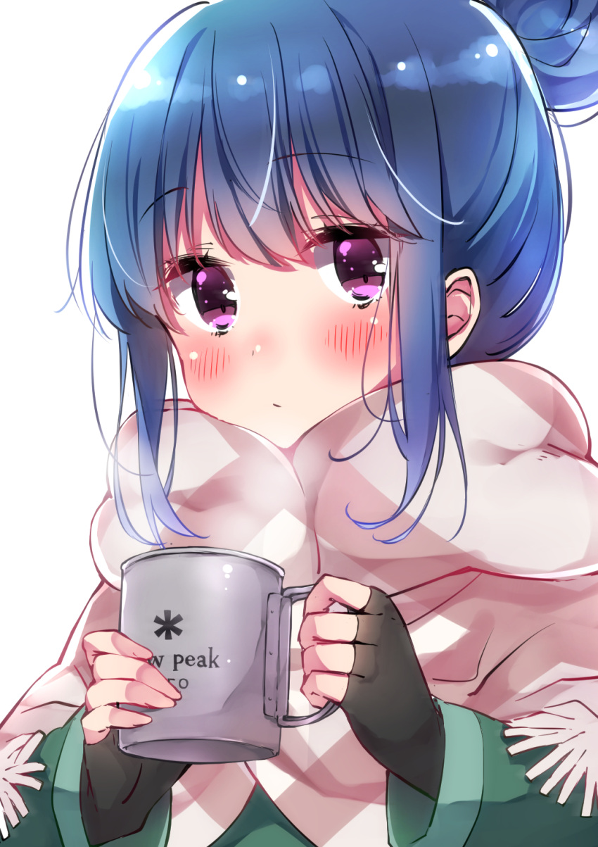 1girl black_gloves blue_hair blush capelet close-up coat coffee_mug commentary cup expressionless eyebrows_visible_through_hair face fingerless_gloves gloves green_coat hair_bun highres holding holding_cup looking_at_viewer mug print_mug scarf shima_rin sidelocks simple_background sk02 solo steam violet_eyes white_background white_capelet white_scarf winter_clothes yurucamp