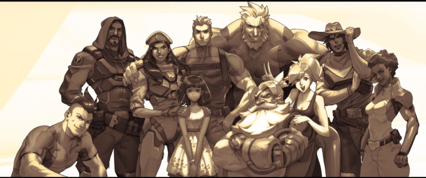 alpha_gamboa alternate_costume ana_(overwatch) beard blackwatch_reyes braid captain_amari character_request child commentary facial_hair gloves hood long_hair mccree_(overwatch) mercy_(overwatch) military military_uniform monochrome mother_and_daughter multiple_boys multiple_girls muscle official_art overwatch pharah_(overwatch) ponytail reaper_(overwatch) reinhardt_(overwatch) sepia soldier:_76_(overwatch) spoilers tank_top torbjorn_(overwatch) uniform v younger