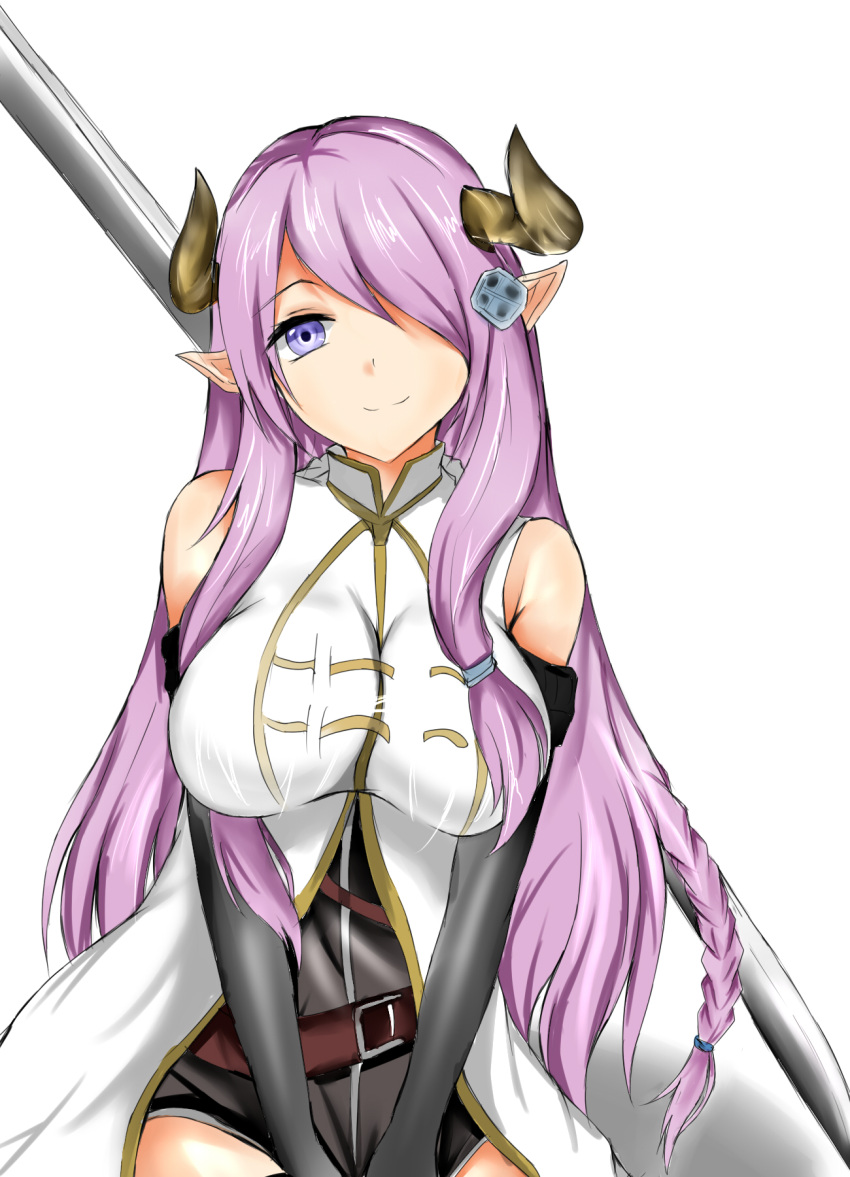 1girl bare_shoulders belt black_gloves braid breasts cow_girl cow_horns elbow_gloves female gloves granblue_fantasy hair_ornament hair_over_one_eye hairclip highres horns isshii13 large_breasts long_hair looking_at_viewer narumeia_(granblue_fantasy) pink_hair pointy_ears simple_background smile solo sword upper_body violet_eyes weapon white_background