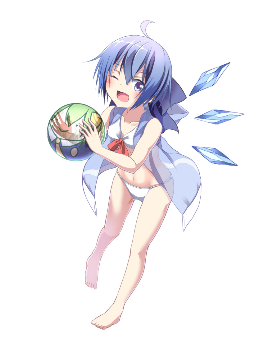 1girl ahoge ball barefoot beachball bikini blue_eyes blue_hair blush bow breasts cirno collarbone daiyousei hair_bow highres hood hoodie ice ice_wings one_eye_closed open_mouth small_breasts smile solo swimsuit touhou tsuri_buta wings