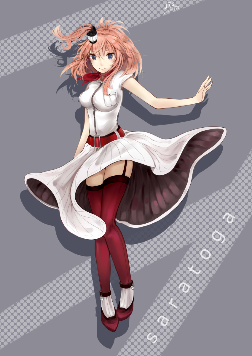 1girl :&gt; absurdres ascot belt blue_eyes breast_pocket brown_hair character_name dated dress dress_lift garter_straps hair_between_eyes highres kantai_collection long_hair mu_shanmu_san ponytail red_legwear red_neckerchief saratoga_(kantai_collection) side_ponytail sidelocks signature smile thigh-highs white_dress wind wind_lift