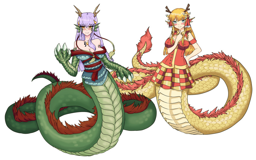 2girls alternate_costume antlers bare_shoulders blonde_hair blue_eyes blush breasts checkered checkered_skirt claws cleavage crossover dragon_girl dragon_horns fan_long full_body gabrilux hand_on_hip head_fins highres horns lamia long_hair medium_breasts monster_girl monster_girl_encyclopedia monster_musume_no_iru_nichijou monster_musume_no_iru_nichijou_online multiple_girls purple_hair ryuu_(monster_girl_encyclopedia) scales simple_background skirt smile trait_connection transparent_background yellow_eyes