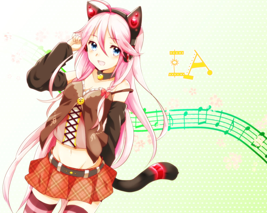 1girl ahoge animal_ears braid cat_pose female happy ia_(vocaloid) long_hair pink_hair ribbon skirt solo tail thigh-highs tied_hair umino umino_(uminodog) vocaloid