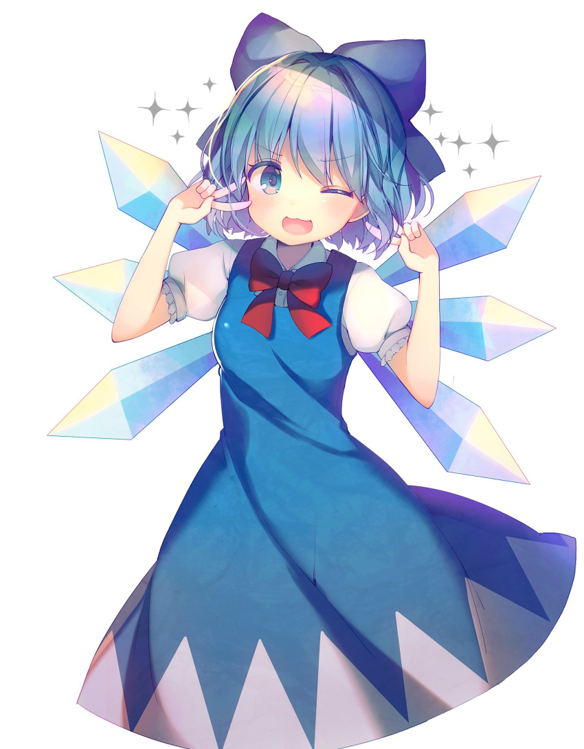 1girl ;d blue_bow blue_dress blue_eyes blue_hair blush bow bowtie cirno double_v dress hair_bow highres ice ice_wings koto_seori looking_at_viewer one_eye_closed open_mouth puffy_short_sleeves puffy_sleeves red_bow red_bowtie short_hair short_sleeves smile solo sparkle touhou v wings