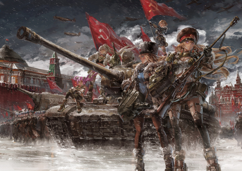 5girls :d absurdres aircraft airplane communism flag fur_trim gorget ground_vehicle gun hammer_and_sickle hat highres is-2 kv-2 lena_tolubka long_hair military military_vehicle motor_vehicle multiple_girls natalia_borisova official_art open_mouth pantyhose panzer_waltz personification pink_hair ponytail red_square rifle russian serious smile snow snowing sophia_malinovskaya soviet suzanne_petrova tank thigh-highs turret twintails weapon white_hair world_war_ii zoya_zhukova