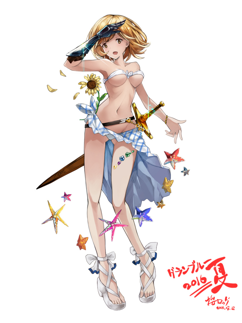 1girl 2016 blonde_hair bracelet breasts dated djeeta_(granblue_fantasy) flower full_body gauntlets granblue_fantasy highres jewelry looking_at_viewer navel sakura_rock sandals short_hair simple_background solo sunflower sword weapon white_background yellow_eyes