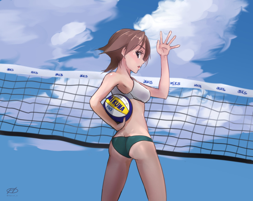1girl alternate_costume arm_up armpits asics ass bare_shoulders breasts brown_hair crop_top flipped_hair harut_n haruto_(harut_n) hiei_(kantai_collection) holding_ball kantai_collection looking_at_viewer looking_back midriff open_mouth outdoors outstretched_hand profile short_hair signature sky sleeveless solo sportswear thighs violet_eyes volleyball volleyball_net volleyball_uniform