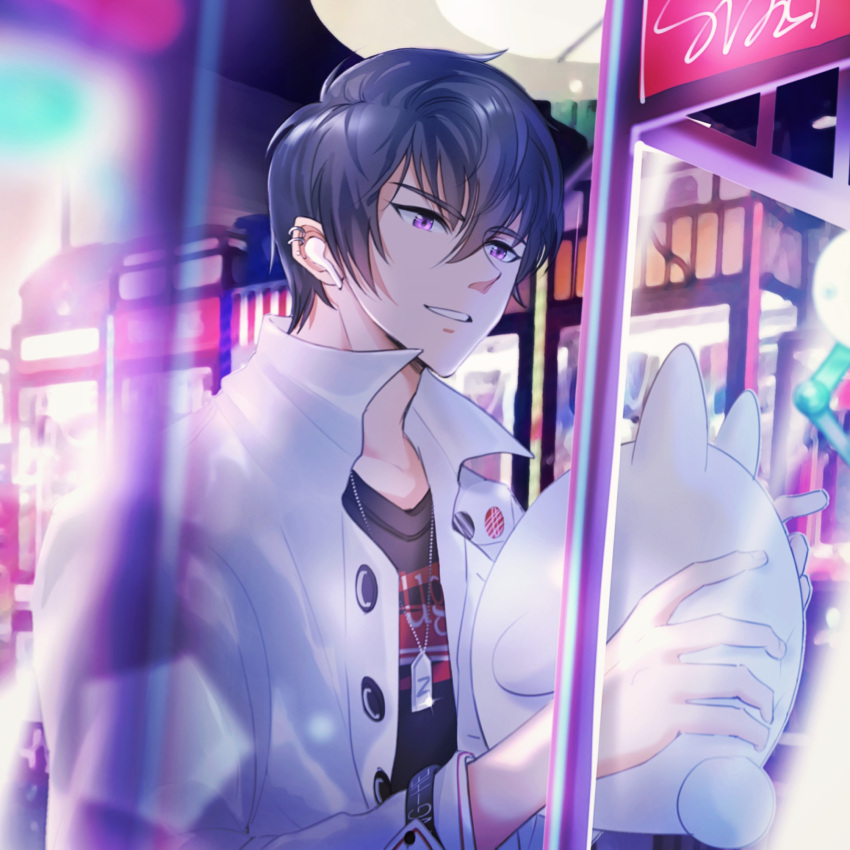 1boy bangs black_shirt blurry blurry_foreground crane_game earrings grin highres holding jacket jewelry long_sleeves marius_von_hagen_(tears_of_themis) open_clothes open_jacket open_mouth purple_hair shirt short_hair smile solo stuffed_toy tears_of_themis teeth violet_eyes white_jacket wooooo_(826378146)